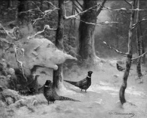 "fasane Im Winterwald". Sign. Und Bez. Munchen. Ol Auf Lwd. 32 X 40 Cm. Rahmen