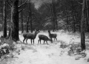 "rehe Im Winterwald". Sign. Und Bez. Munchen