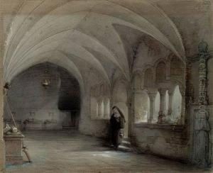 Blick In Den Kreuzgang Eines Romanischen Klosters by Caspar Johann Nepomuk Scheuren