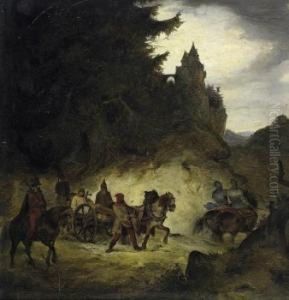 Travellers In The Mountains. In The Background On A Steep Cliff Is A Fortified Caste. by Caspar Johann Nepomuk Scheuren
