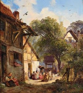 Idyllische Szene Vor Dem Haus by Caspar Johann Nepomuk Scheuren