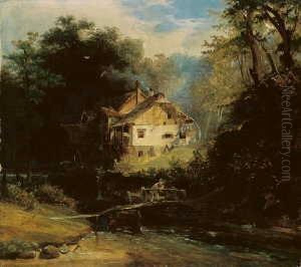Bewaldete Landschaft Mit Einer 
Wassermuhle. Signiert Und Datiert Unten Links: C. Scheuren 1860. Ol Auf 
Leinwand. H 32; B 37 Cm. - view 1