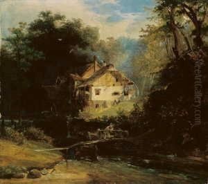 Bewaldete Landschaft Mit Einer 
Wassermuhle. Signiert Und Datiert Unten Links: C. Scheuren 1860. Ol Auf 
Leinwand. H 32; B 37 Cm.
