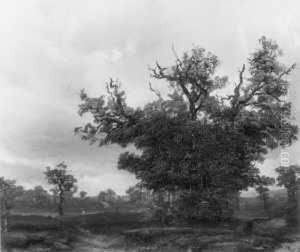 Landschaft Mit Baumgruppe Und Planwagen. by Caspar Johann Nepomuk Scheuren