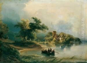 Flusslandschaft Mit Burg.
Signiert Unten Links: Scheuren. Ol Auf Leinwand. H 22; B 29,5 Cm. Im
Lexikon Der Dusseldorfer Malerschule Heist Es Uber Schirmer: "von
Unmittelbarer Naturanschauung Im Sinne Schirmers Ausgehend Und Diese Mit
Den Altmeiste by Caspar Johann Nepomuk Scheuren