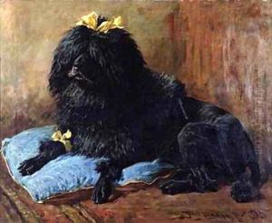 A Black Standard Poodle on a blue cushion A Black Standard Poodle on a blue cushion