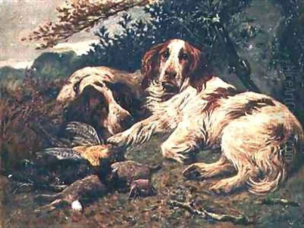 A Pair of Liver and White Clumber Spaniels by the Days Bag - view 1