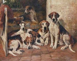 Hours of idleness, Hounds and a terrier in a kennel Hours of idleness, Hounds and a terrier in a kennel