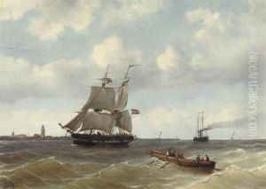A Two-master And A Steamer Near A Coast by Petrus Paulus Schiedges