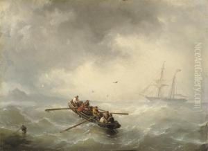 A Barge On A Choppy Sea, A Two-master In The Distance