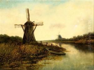 View Of A Moored Fishing Boat By A Mill