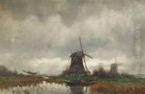 Dutch Landscape With Windmills. by Petrus Paulus Schiedges