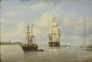 American Packet Ships Entering A Dutch Harbor. by Petrus Paulus Schiedges
