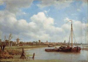 Figures On A Moored Sailing Vessel A Town In The Background by Petrus Paulus Schiedges