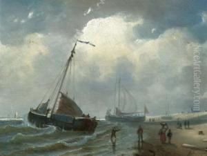 Fishing Boats On The Coast. by Petrus Paulus Schiedges