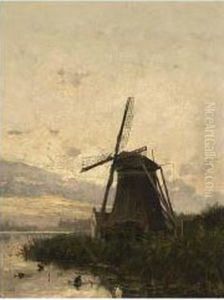 A Windmill In A Polder Landscape by Petrus Paulus Schiedges