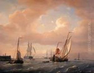 A Zwartewaalse Gaffelaar Leaving Port, Frigats In Thedistance by Petrus Paulus Schiedges