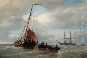 A Rowing-boat Approaching A Fishing Smack, A Dutch Frigat At Anchorin The Distance