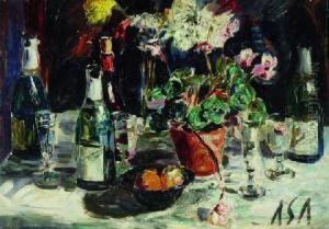 Tisch Mit Flaschen, Glasern Und Topfblume by Albert Schiestl-Arding