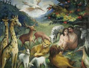 "das Paradies", Adam Und Eva Im Garten Eden
 Ol/karton, Monogrammiert, Ruckseitig Bezeichnet, Worpsweder by Albert Schiestl-Arding