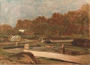 Boats At Dock Along The Riverbank Boats At Dock Along The Riverbank