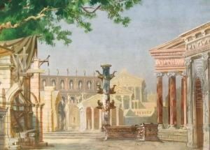 Entwurf Einer Theaterbuhne Mit Gebauden In Landschaft