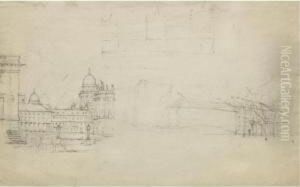 Neun Blatter: Unter Den Linden; 
Entwurfe Fur Ein Theater Und Ein Kircheninterieur; Zwei 
Buhnenbildentwurfe; Ein Schlosstor; Ein Kirchturm; Ansicht Von Bagheria;
 Haus In Bagheria; Dorf Am Fluss (nine Drawings: Unter Den Linden; 
Designs For A Theatr by Karl Friedrich Schinkel