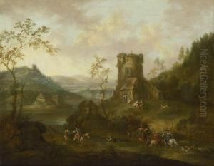 Flusslandschaft Mit Altem Turm Und Figurenstaffage Flusslandschaft Mit Altem Turm Und Figurenstaffage