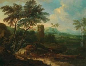 Franz Christoph Janneck Paesaggio Fluviale Boschivo Con Una Torre