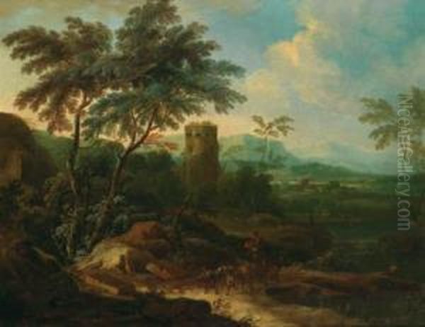 E Franz Christoph Janneck Paesaggio Fluviale Boschivo Con Una Torre - view 1
