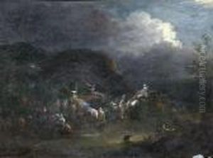 Nachtliche Landschaft Mit Rastender Reisegesellschaft