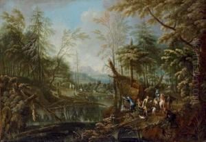 A Duck Shoot In A Wooded Landscape, Mountains Beyond
