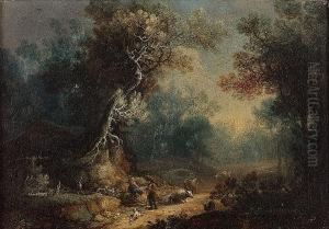 A Wooded Landscape With A Drover
And Cattle On A Track; And A Wooded Landscape With Peasants Resting By A
Tree by Maximilian Joseph Schinnagl