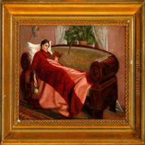The Artist's Daughter Elisabeth Schiott Laying On A Sofa With A Rose In Her Hand by August Heinrich Schiott