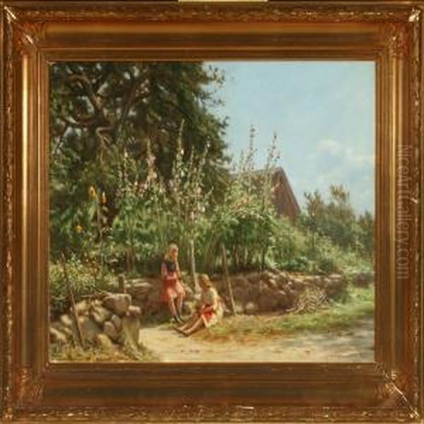Two Girlssitting By Stone Fence In Flowering Garden - view 1