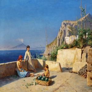View Of Capri With Children Eating Fruit On A Terrace by N. F. Schiottz-Jensen