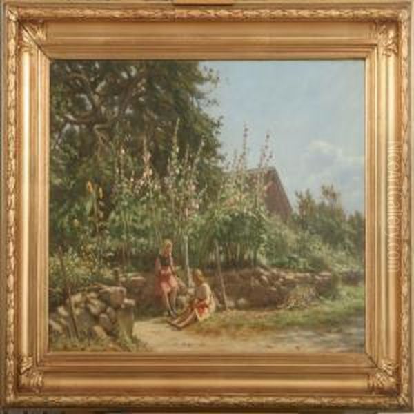 Two Girls Sitting By Stone Fence In Flowering Garden - view 1