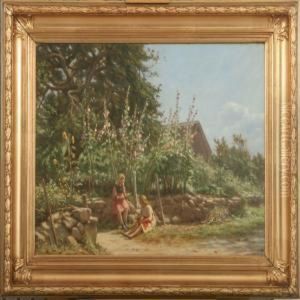 Two Girls Sitting By Stone Fence In Flowering Garden by N. F. Schiottz-Jensen