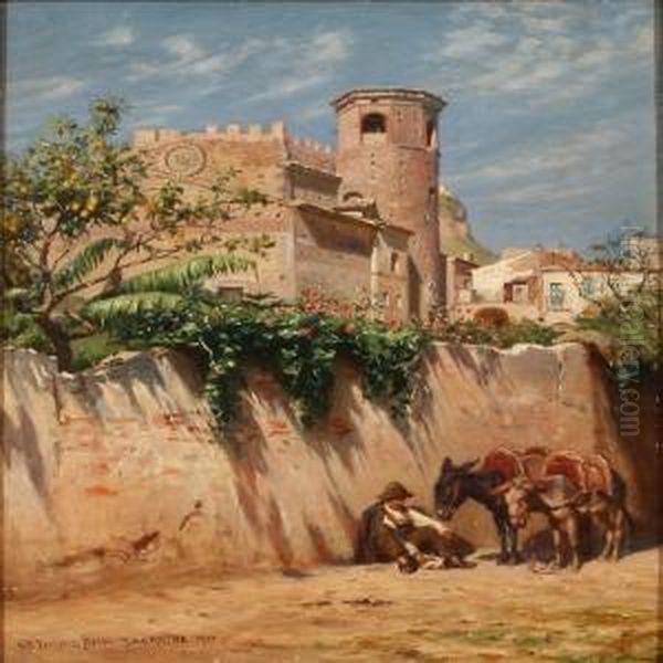 Street Scene From Taormina, Sicily, With A Farmer Eatinglunch - view 1