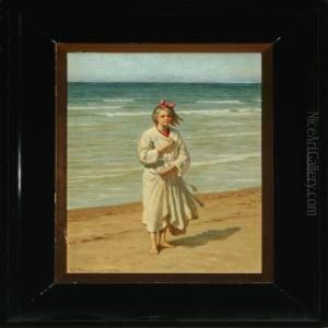 Beach Withblond Girl In White Robe
