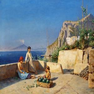View Of Capri With Children Eating Fruit On A Terrace