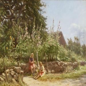 Two Girls Sitting By Stone Fence In Flowering Garden
