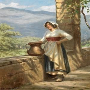 Young Italianwoman Standing In A Loggia With A View To Maountain Tops
