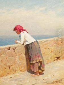 A Young South European Bare-footed Woman Overlooking The Sea