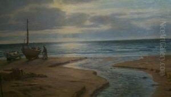 Kustenlandschaft Mit Pril Und 
Zwei Kleinen Fischerbooten Mit Fischer. Unten Links Signiert N. F. 
Schiottz-jensen 1910 - view 1