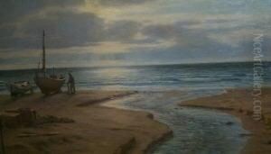 Kustenlandschaft Mit Pril Und 
Zwei Kleinen Fischerbooten Mit Fischer. Unten Links Signiert N. F. 
Schiottz-jensen 1910