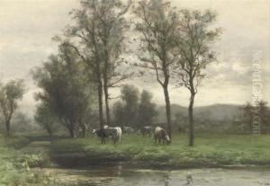 Cattle Grazing Near A River by Piet Schipperus