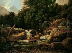 Wildbach Im Waldigen Hochgebirge Mit Hirsch by Johann Wilhelm Schirmer