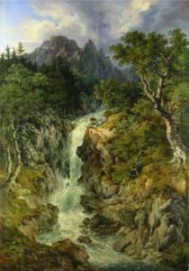 Gebirgsbach Mit Wasserfall Vor Felsmassiv Und Gipfelkreuz by Johann Wilhelm Schirmer
