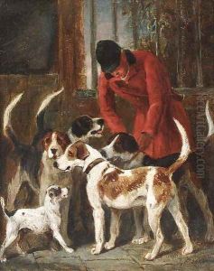 A huntsman with hounds and a terrier by a kennel door by John Emms